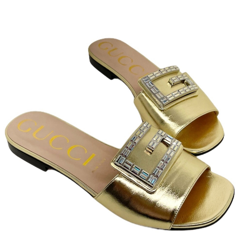 Gucci G Crystals Square Gold Leather Slide Sandals